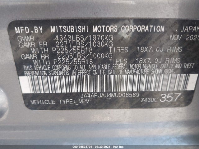 JA4APUAU4MU008569 Mitsubishi Outlander Sport 2.0 Be 2wd/2.0 Es 2wd/2.0 Le 2wd/2.0 S 2wd