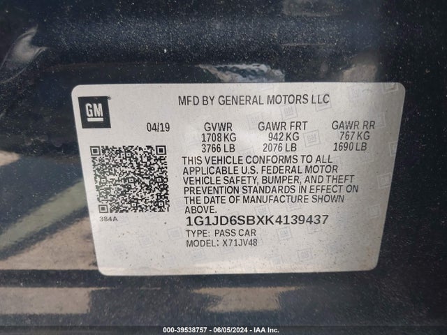 Chevrolet SONIC LT 2019 1G1JD6SBXK4139437 Image 9
