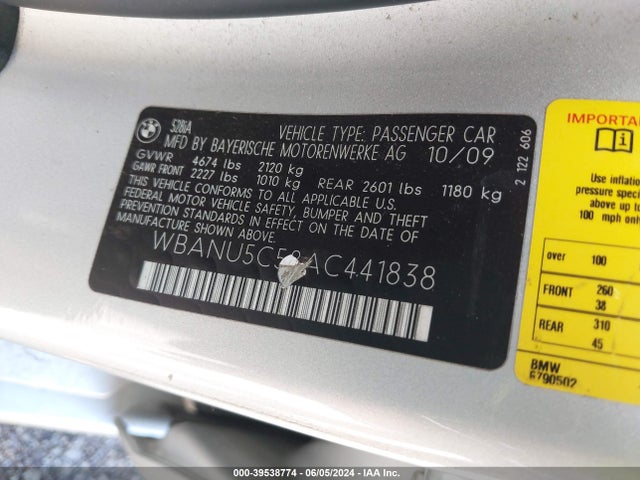 Продаж на аукціоні авто 2010 Bmw 528i, vin: WBANU5C58AC441838, номер лоту: 39538774