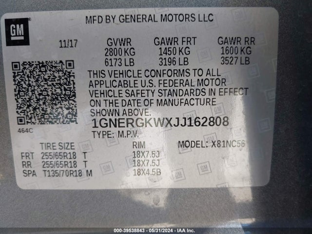 Chevrolet Traverse 1lt 2018 1GNERGKWXJJ162808 Image 9