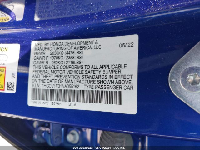 1HGCV1F31NA055162 Honda Accord Sport