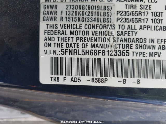 Honda Odyssey Ex-l 2015 5FNRL5H68FB123365 Image 9