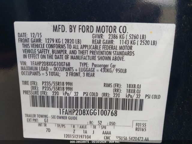 1FAHP2D8XGG100768 Ford TAURUS SE