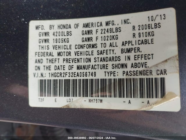 Honda ACCORD LX 2014 1HGCR2F32EA056749 Image 9