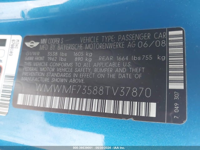 2008 MINI COOPER S WMWMF73588TV37870 Photo 8