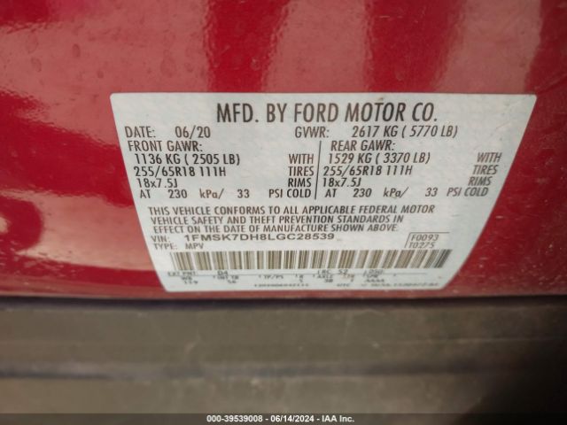 1FMSK7DH8LGC28539 Ford EXPLORER XLT