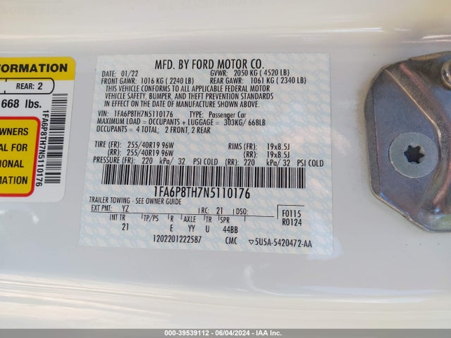 Ford Mustang Ecoboost Fastback 2022 1FA6P8TH7N5110176 Image 9