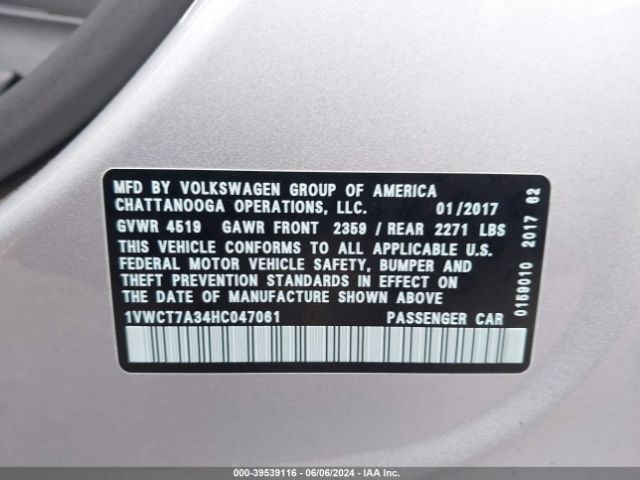 1VWCT7A34HC047061 Volkswagen Passat 1.8t Sel Premium