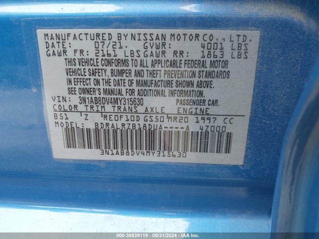3N1AB8DV4MY315630 Nissan Sentra Sr Xtronic Cvt