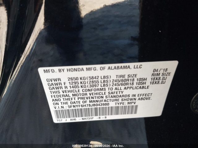 5FNYF6H78JB043980 Honda Pilot Ex-l