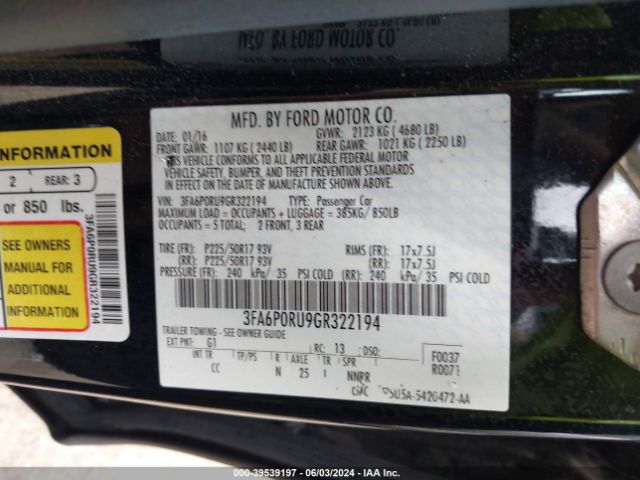 3FA6P0RU9GR322194 Ford Fusion Hybrid Titanium