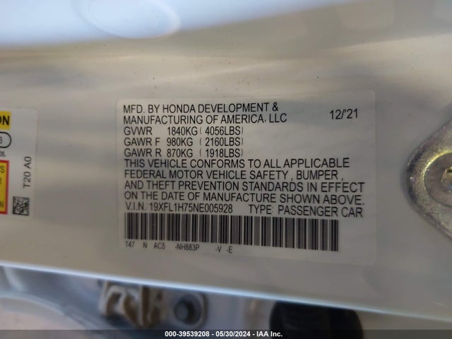 Honda Civic Ex-l 2022 19XFL1H75NE005928 Image 9