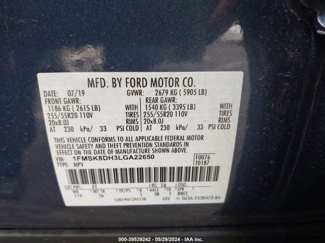 Ford EXPLORER XLT 2020 1FMSK8DH3LGA22650 Image 9