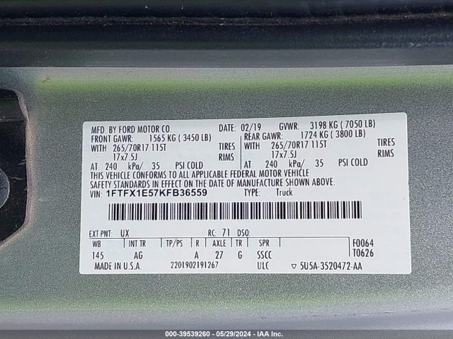 Ford F-150 Xl 2019 1FTFX1E57KFB36559 Image 9