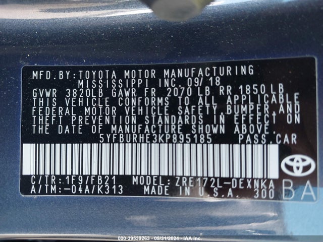 Toyota COROLLA LE 2019 5YFBURHE3KP895185 Image 9