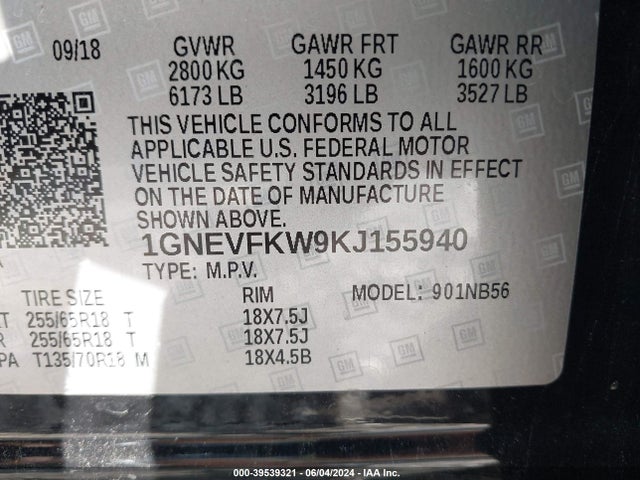 Chevrolet Traverse Ls 2019 1GNEVFKW9KJ155940 Image 9