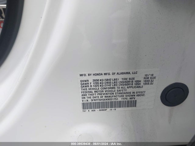 Honda Pilot Ex-l 2019 5FNYF6H5XKB031751 Image 9