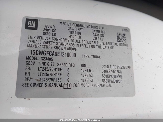 Chevrolet Express 2500 Work Van 2014 1GCWGFCA9E1210000 Image 9