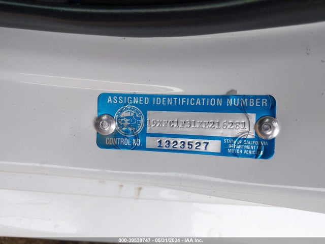 2019 Honda Civic Ex მანქანა იყიდება აუქციონზე, vin: 19XFC1F31KE216281, აუქციონის ნომერი: 39539747
