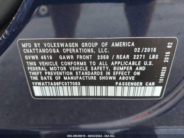 1VWAT7A36FC077053 Volkswagen Passat 1.8t S