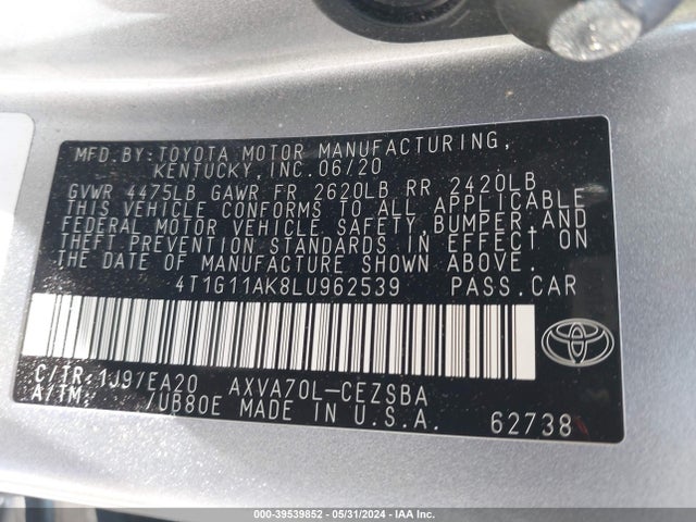 Toyota CAMRY SE 2020 4T1G11AK8LU962539 Image 9