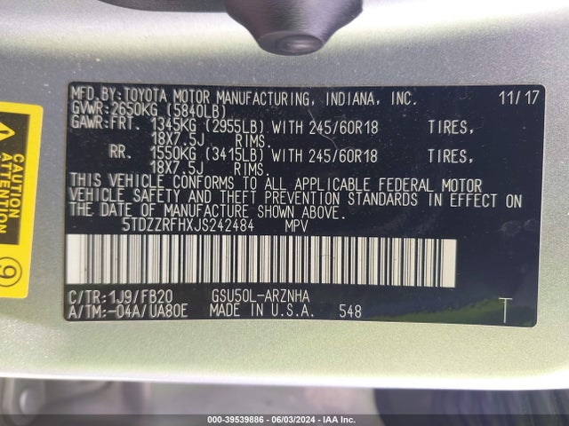 Toyota Highlander Le 2018 5TDZZRFHXJS242484 Image 9
