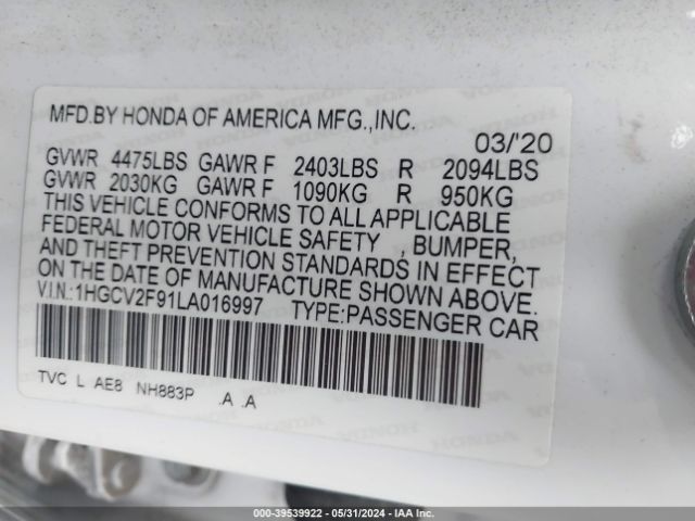 1HGCV2F91LA016997 Honda Accord Touring