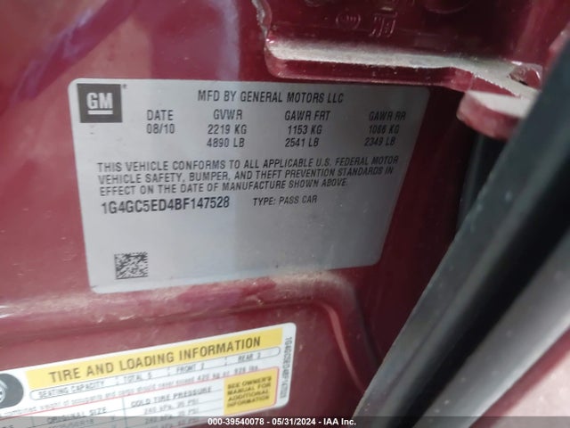Aukcja sprzedaży 2011 Buick Lacrosse Cxl, vin: 1G4GC5ED4BF147528, numer aukcji: 39540078