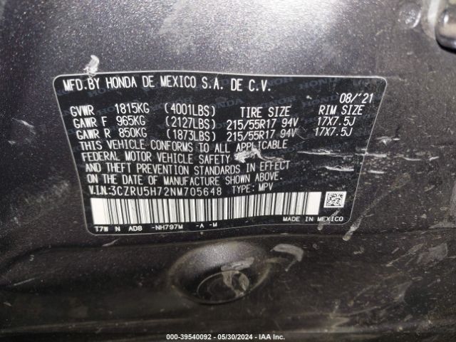 3CZRU5H72NM705648 Honda Hr-v 2wd Ex-l