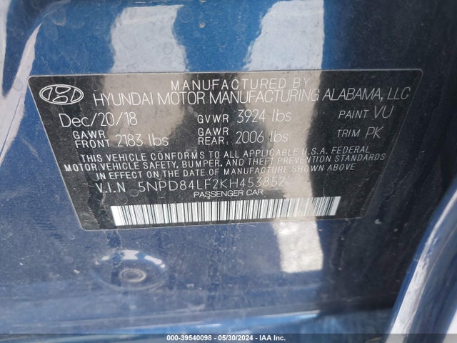 5NPD84LF2KH453852 Hyundai ELANTRA SEL