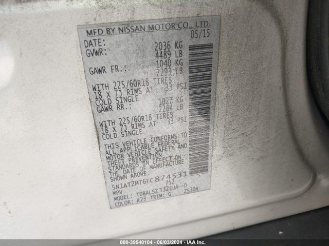Nissan Rogue Sl 2015 5N1AT2MT6FC874531 Image 9