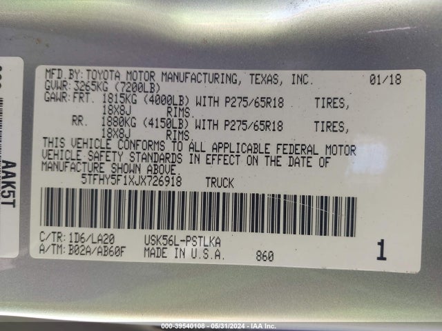 5TFHY5F1XJX726918 Toyota Tundra Limited 5.7l V8