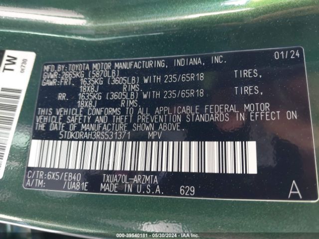 5TDKDRAH3RS531371 Toyota Highlander Xle