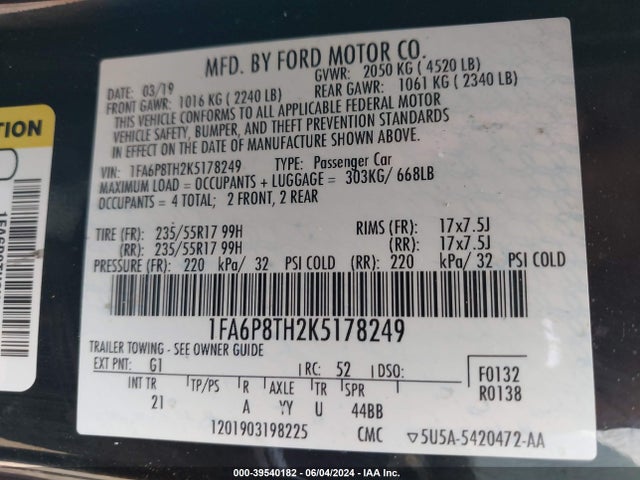 Ford Mustang Ecoboost 2019 1FA6P8TH2K5178249 Image 9