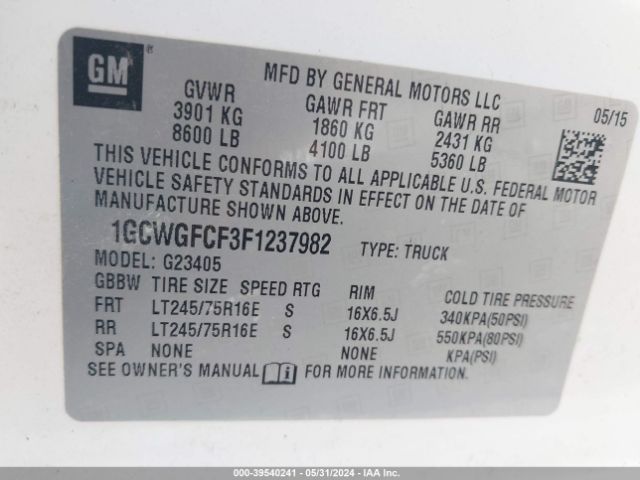 1GCWGFCF3F1237982 Chevrolet Express 2500 Work Van