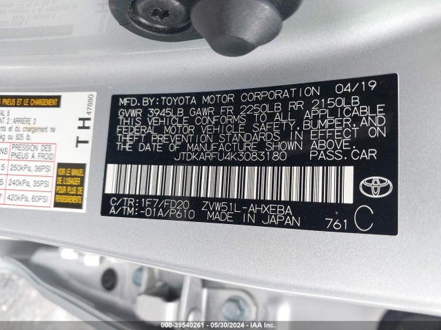 Toyota Prius Le 2019 JTDKARFU4K3083180 Image 9