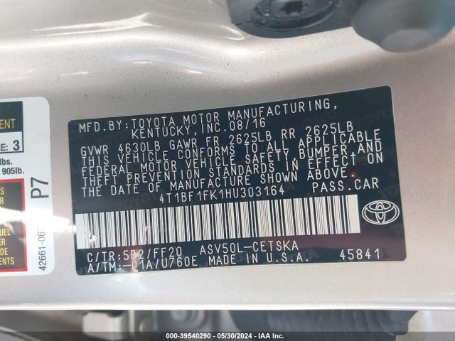 Toyota CAMRY SE 2017 4T1BF1FK1HU303164 Image 9