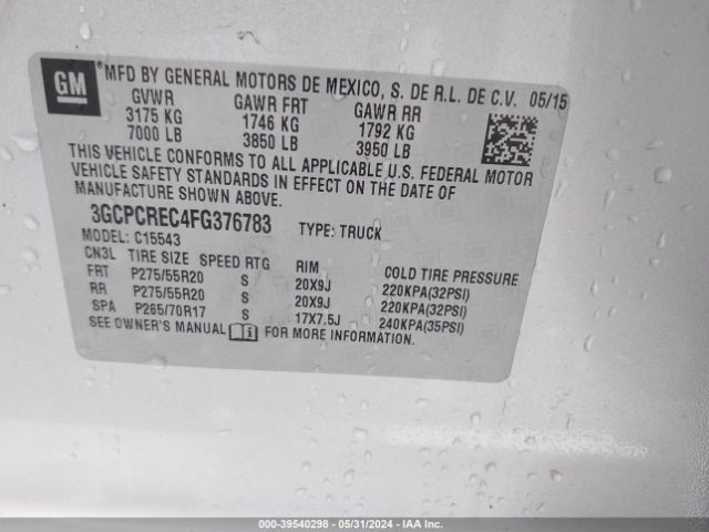3GCPCREC4FG376783 Chevrolet Silverado 1500 1lt