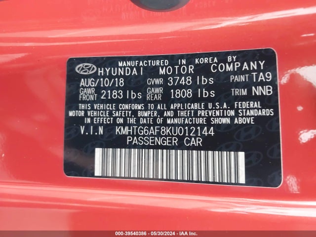 Hyundai Veloster 2.0 2019 KMHTG6AF8KU012144 Image 9