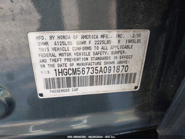 2005 HONDA ACCORD SDN 1HGCM56735A091870 Photo 8
