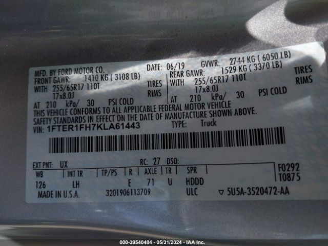 1FTER1FH7KLA61443 Ford Ranger Xlt