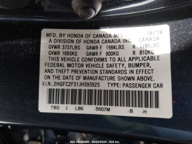 2HGFC2F51JH595925 Honda Civic Lx