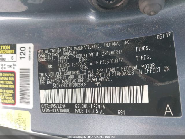 5TDYZ3DCXHS862309 Toyota Sienna Xle Premium 8 Passenger