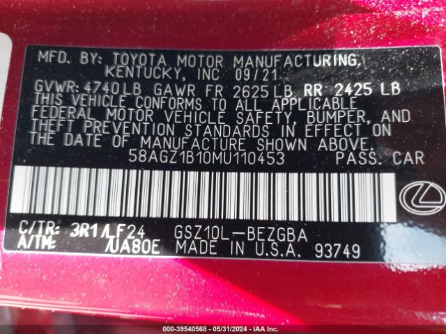 58AGZ1B10MU110453 Lexus Es 350 F Sport