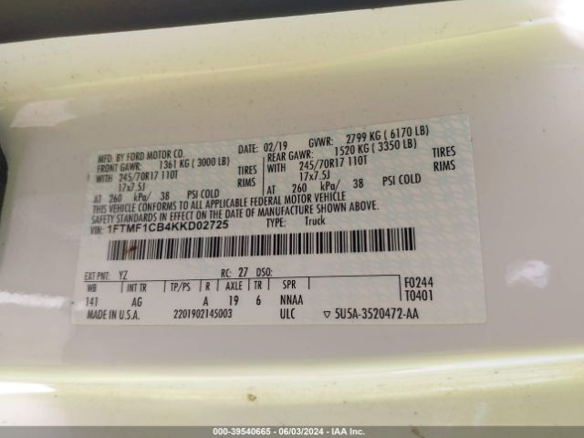 1FTMF1CB4KKD02725 Ford F-150 Xl