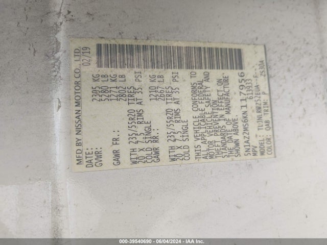 Nissan MURANO SL 2019 5N1AZ2MS6KN117956 Image 9