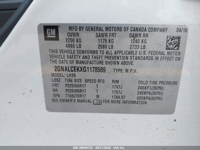 Chevrolet EQUINOX LT 2016 2GNALCEKXG1178589 Image 9