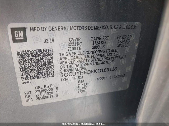 3GCUYHED6KG169118 Chevrolet l84 - di, dfm, alum, gen 5, var 2