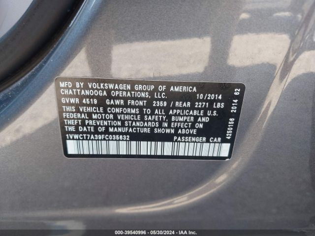 1VWCT7A39FC035632 Volkswagen Passat 1.8t Sel Premium