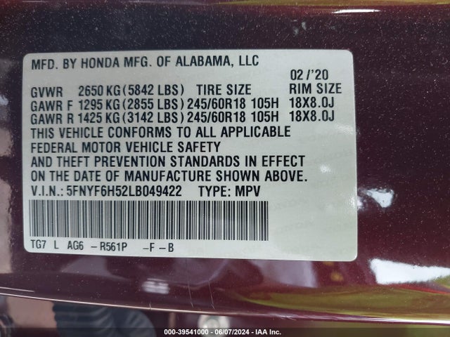 Honda Pilot Awd Ex-l 2020 5FNYF6H52LB049422 Image 9